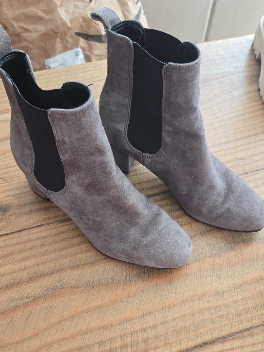 Women's Gray Suede Chelsea Ankle Booties - Pointed Toe, Block Heel